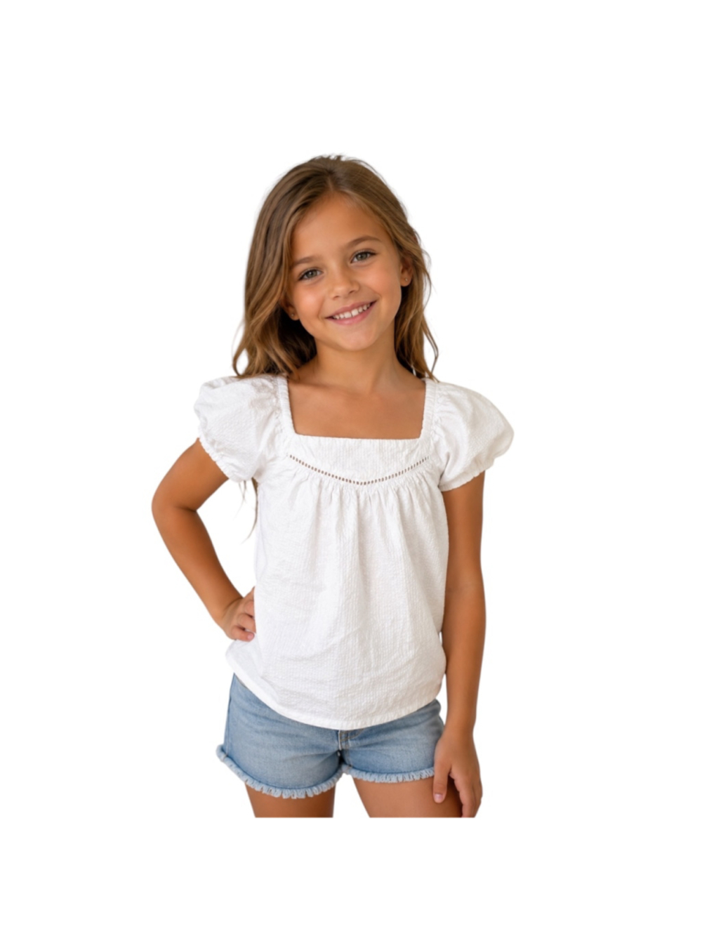 Janie and Jack Girls White Textured Puff Sleeve Blouse Size 7